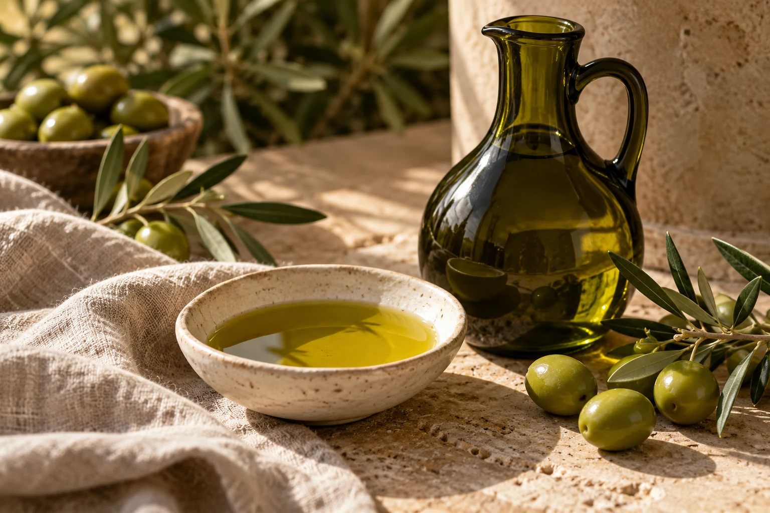 Olive oil in a ceramic dish beside green olives and an unlabeled glass cruet