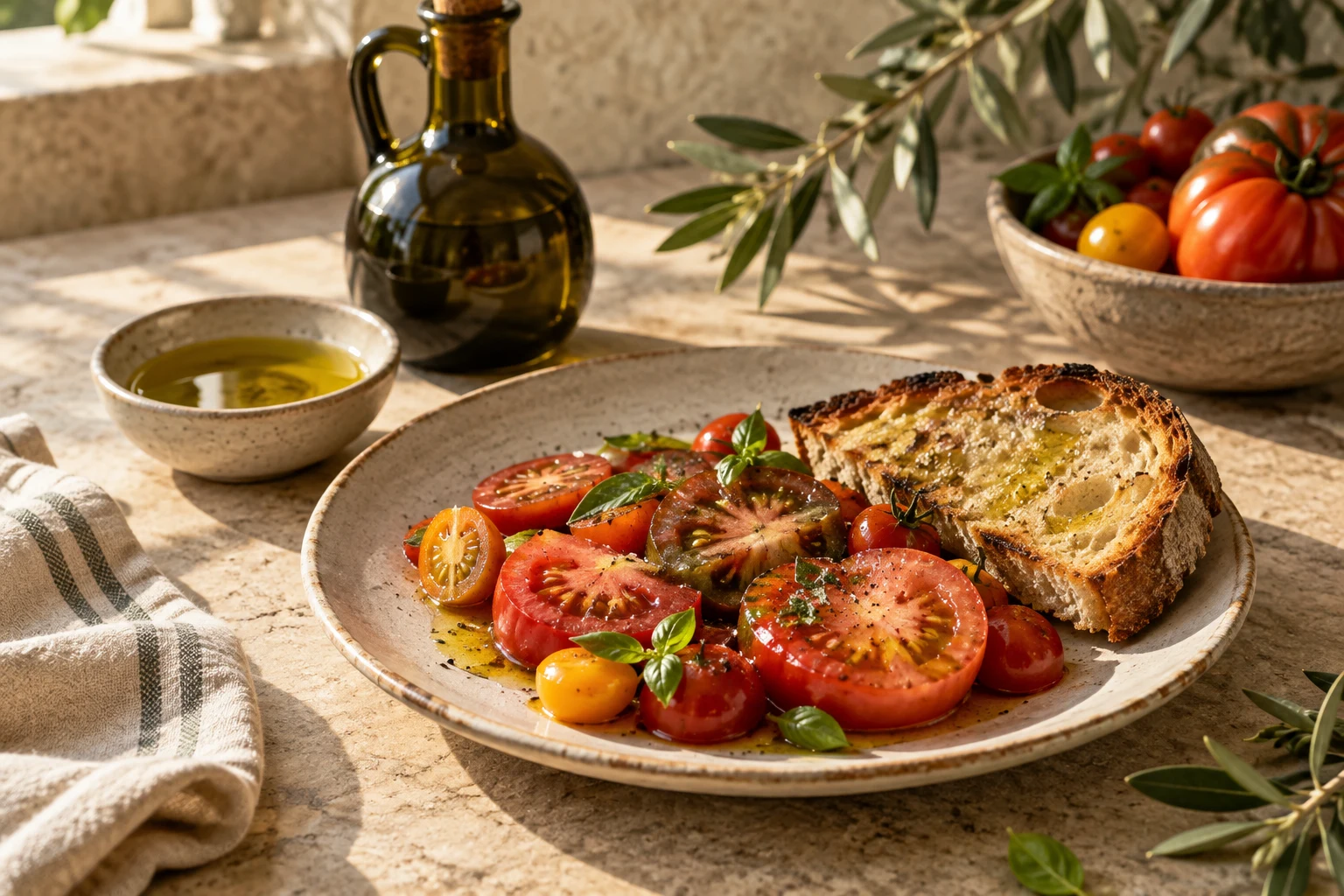 Tomatoes and toasted bread served with a small bowl of olive oil