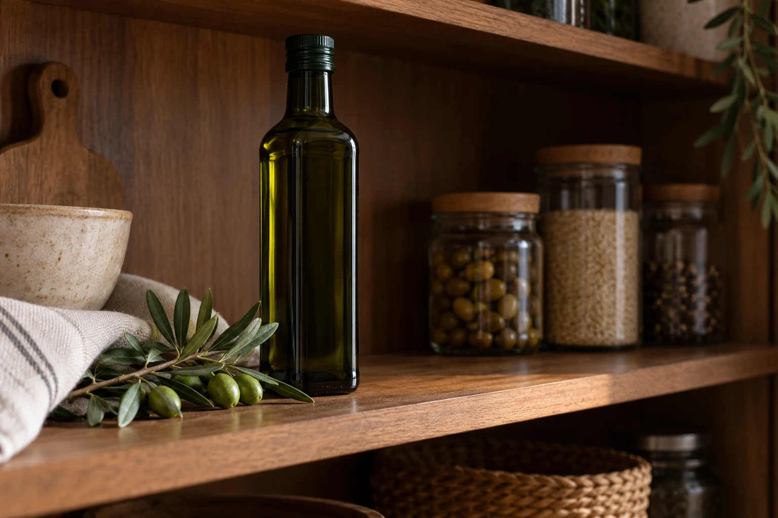 A sealed dark glass bottle on a shaded pantry shelf