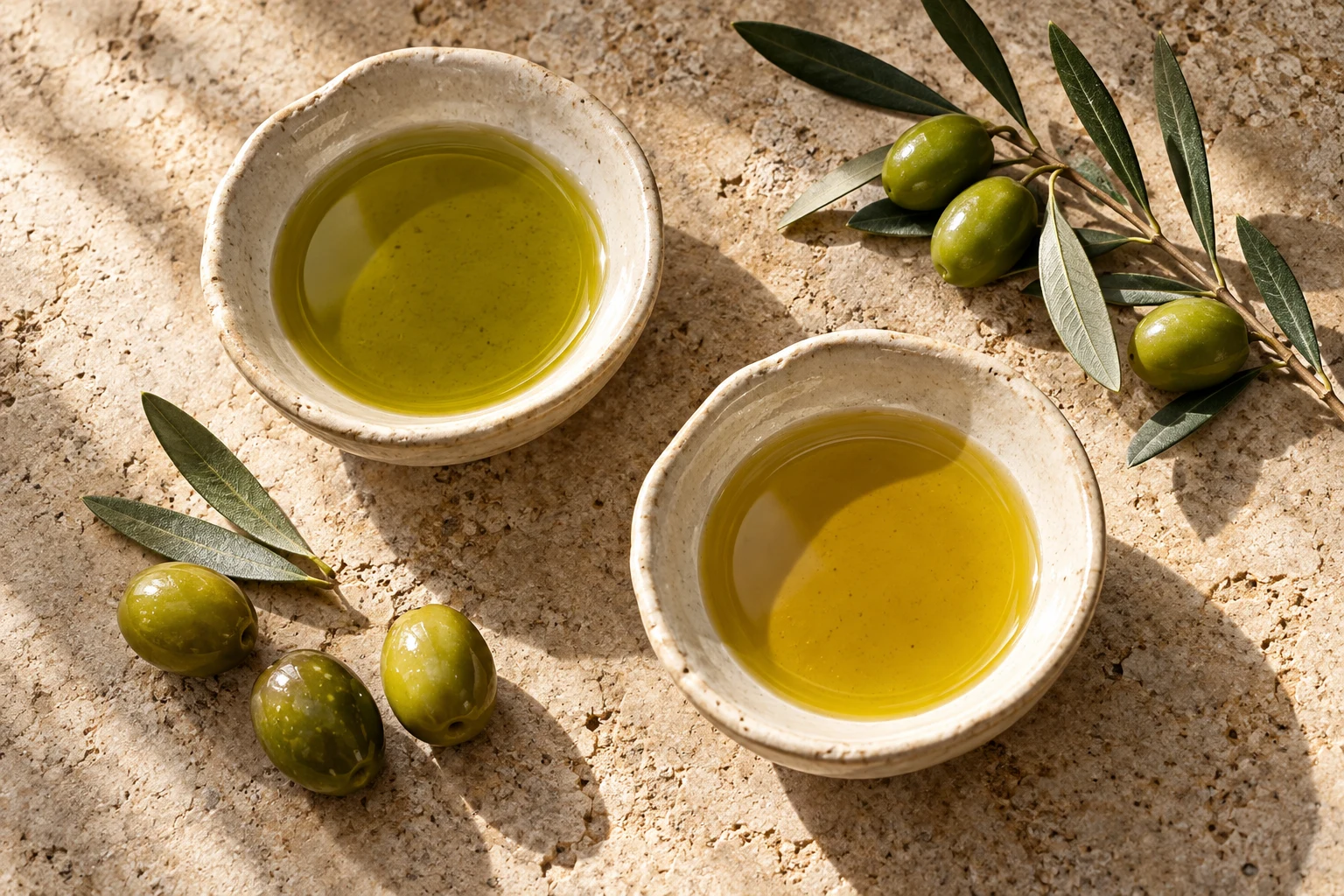 Two ceramic dishes of olive oil arranged for a side-by-side comparison